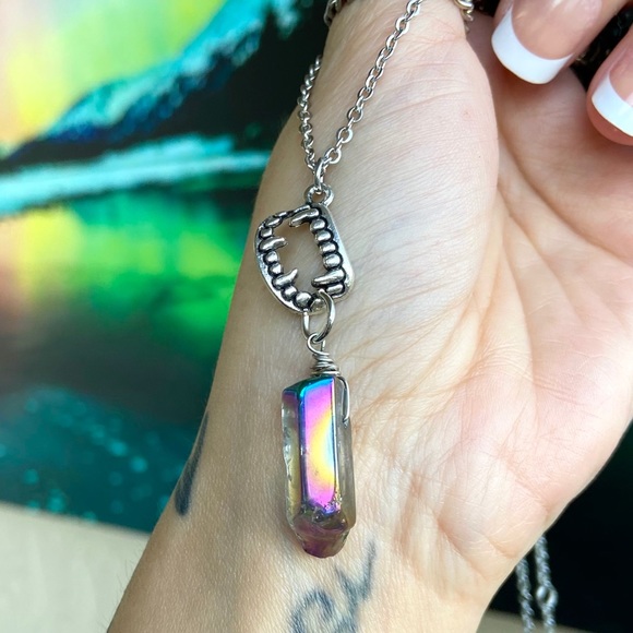 Vampire crystal necklace . Titanium aura crystal & vampire fangs teeth necklace - Picture 7 of 11